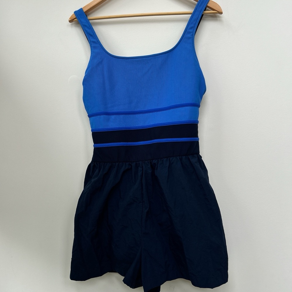 Le Cove swim suit one piece romper attached shorts  navy blue striped flattering
